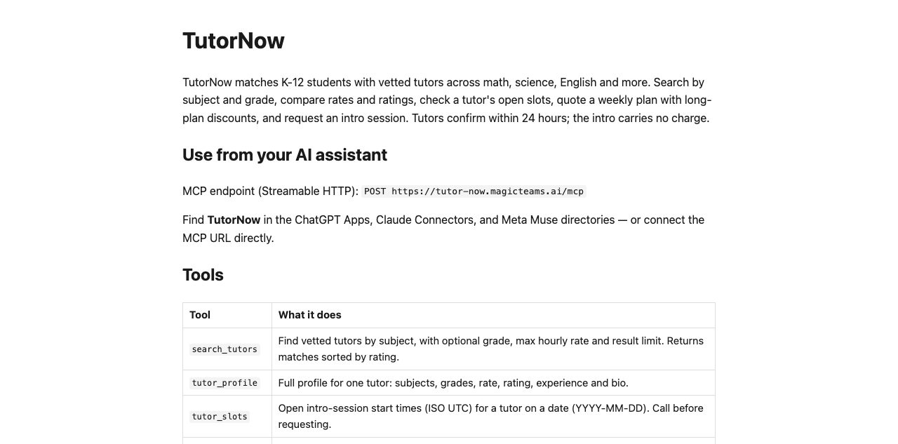 TutorNow connector homepage